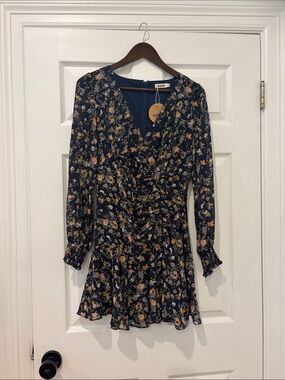 essue Navy Floral Ruffle Wrap Dress